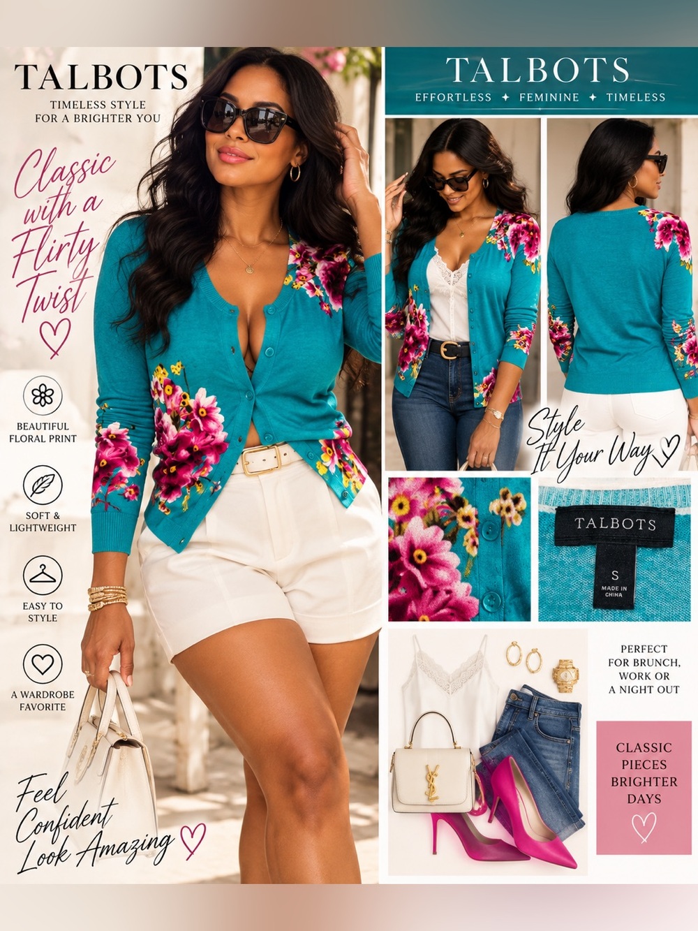 Talbots Teal Floral Button Cardigan size small